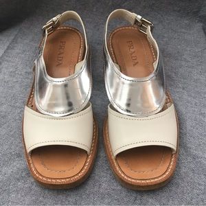 PRADA leather sandals tan/silver/white with buckle detail